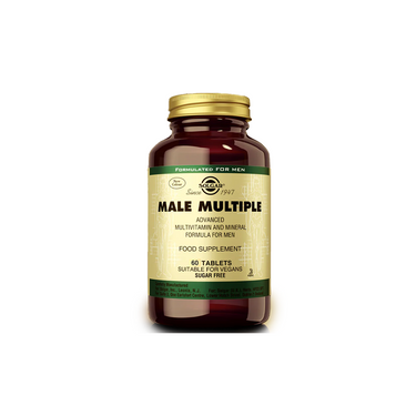 The Solgar Male Multiple 60 Tablets is a dietary supplement for men, housed in a brown bottle with a gold cap, providing essential nutrients to enhance men's health. These vegan tablets are sugar-free and offer comprehensive nutritional support.